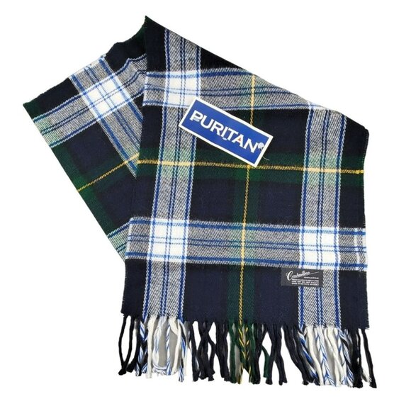 Cashmillion Accessories - Women's Plaid Neck Scarf Blue White Yellow Green Fringed 59" JH1419